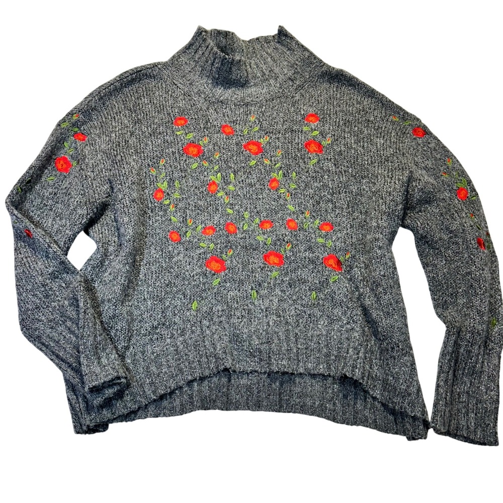 Umgee Floral Embroidered Sweater Womens Large Gray Boho Cottagecore C0562